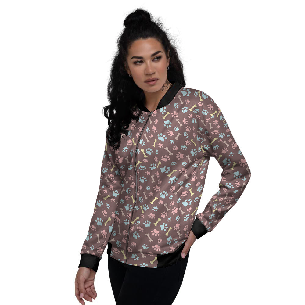Bone And Colorful Paw Print Pattern Women's Bomber Jacket-grizzshop