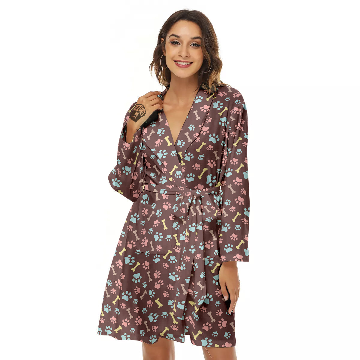 Bone And Colorful Paw Print Pattern Women's Robe-grizzshop