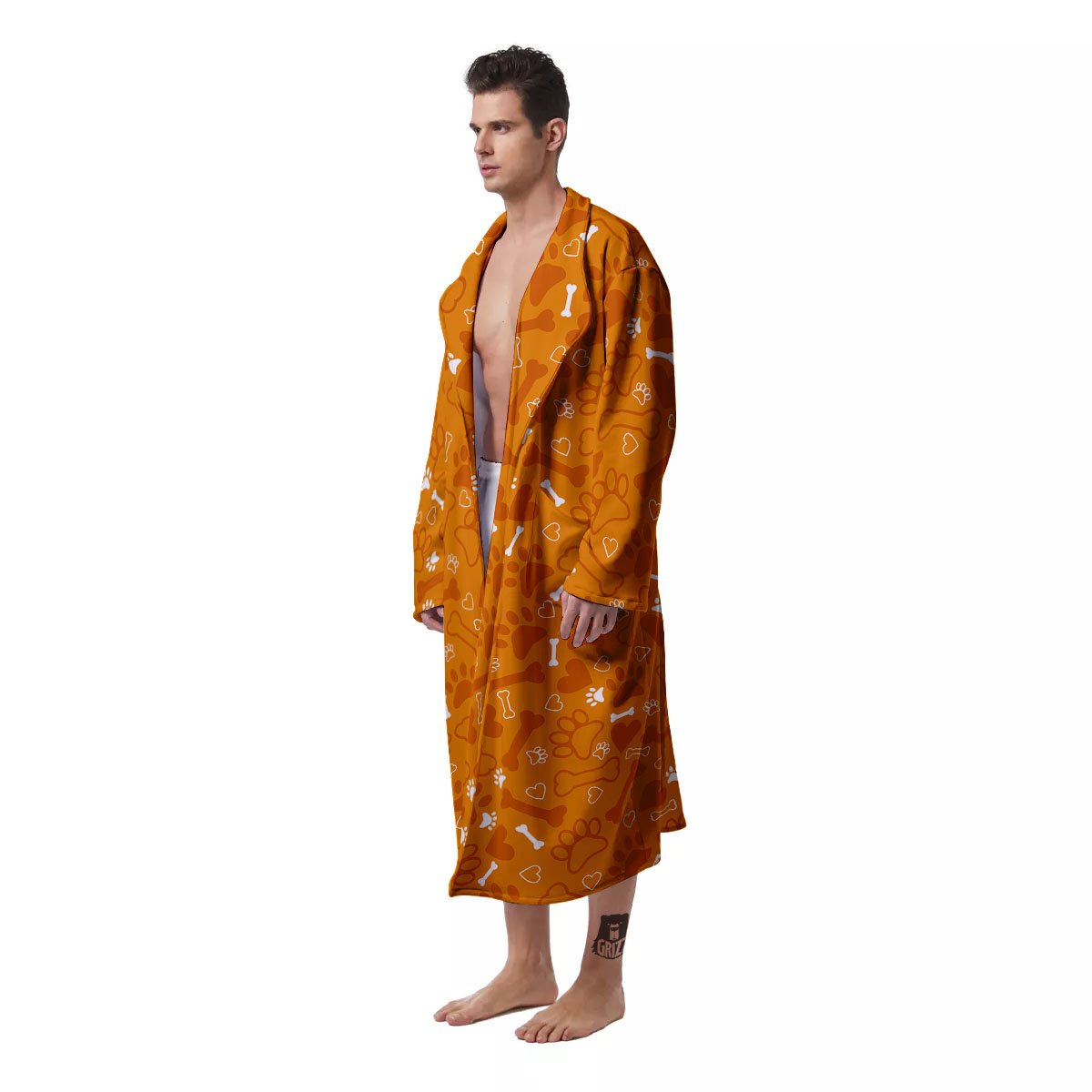 Bone And Orange Paw Print Pattern Men's Robe-grizzshop