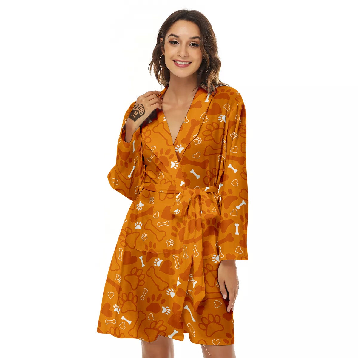 Bone And Orange Paw Print Pattern Women's Robe-grizzshop