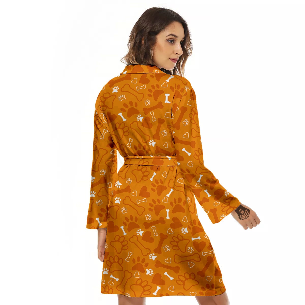 Bone And Orange Paw Print Pattern Women's Robe-grizzshop