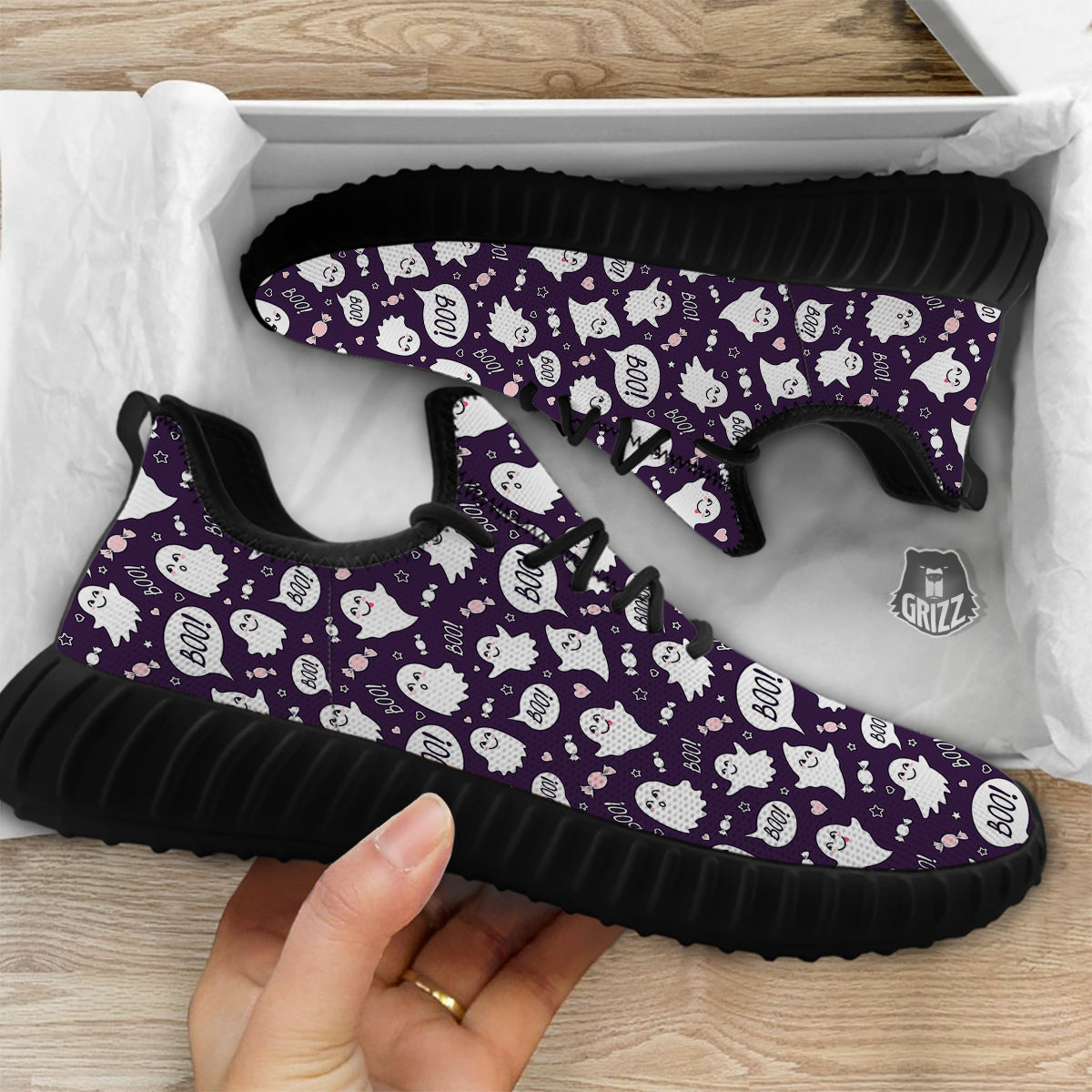 Boo Cute Ghost Print Pattern Black Walking Shoes-grizzshop