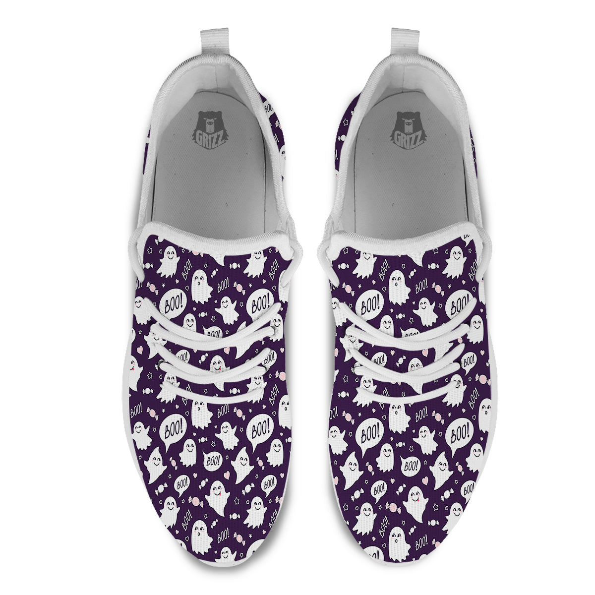 Boo Cute Ghost Print Pattern White Athletic Shoes-grizzshop