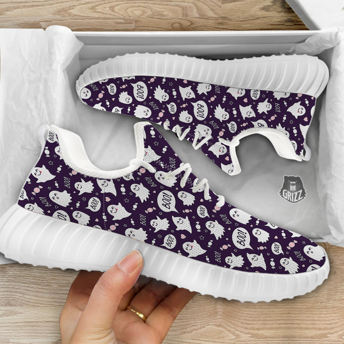 Boo Cute Ghost Print Pattern White Walking Shoes-grizzshop