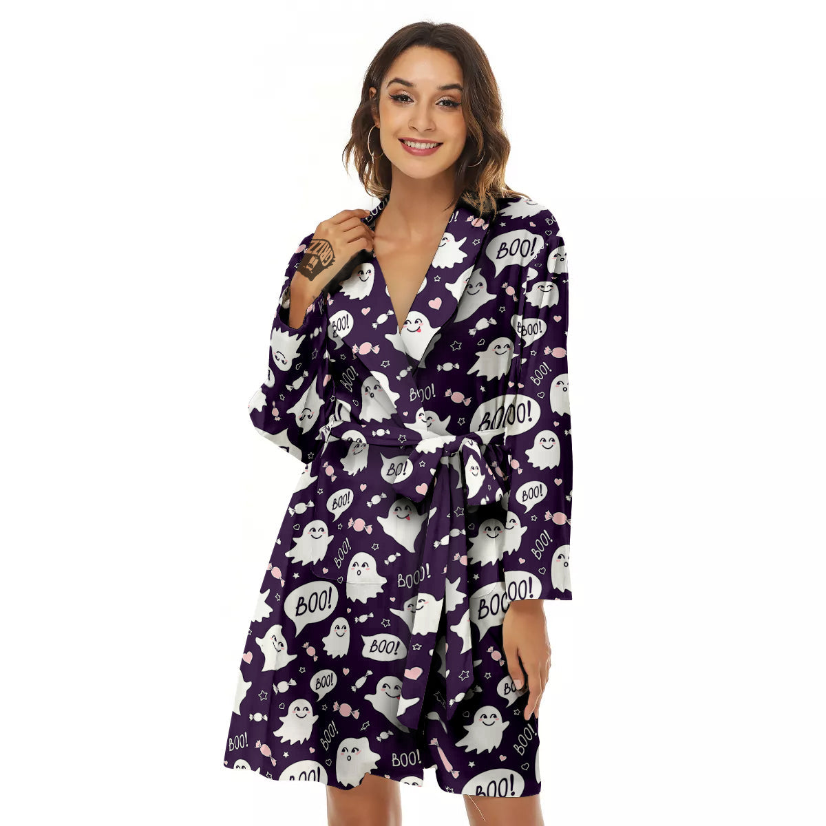 Boo Cute Ghost Print Pattern Women's Robe-grizzshop