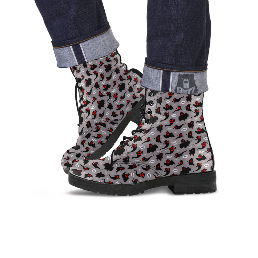 Boo Ghost Print Pattern Leather Boots-grizzshop