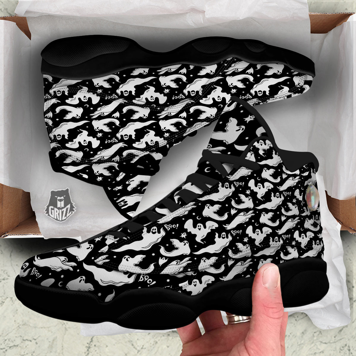 Boo Scary Ghost Print Pattern Black Basketball Shoes-grizzshop