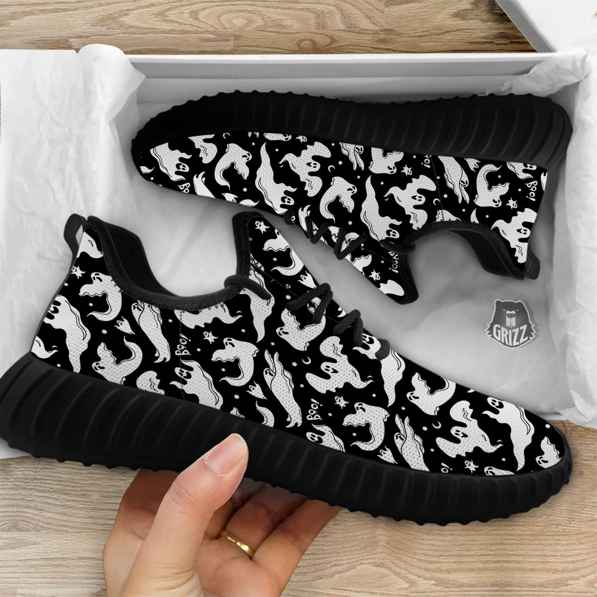 Boo Scary Ghost Print Pattern Black Walking Shoes-grizzshop