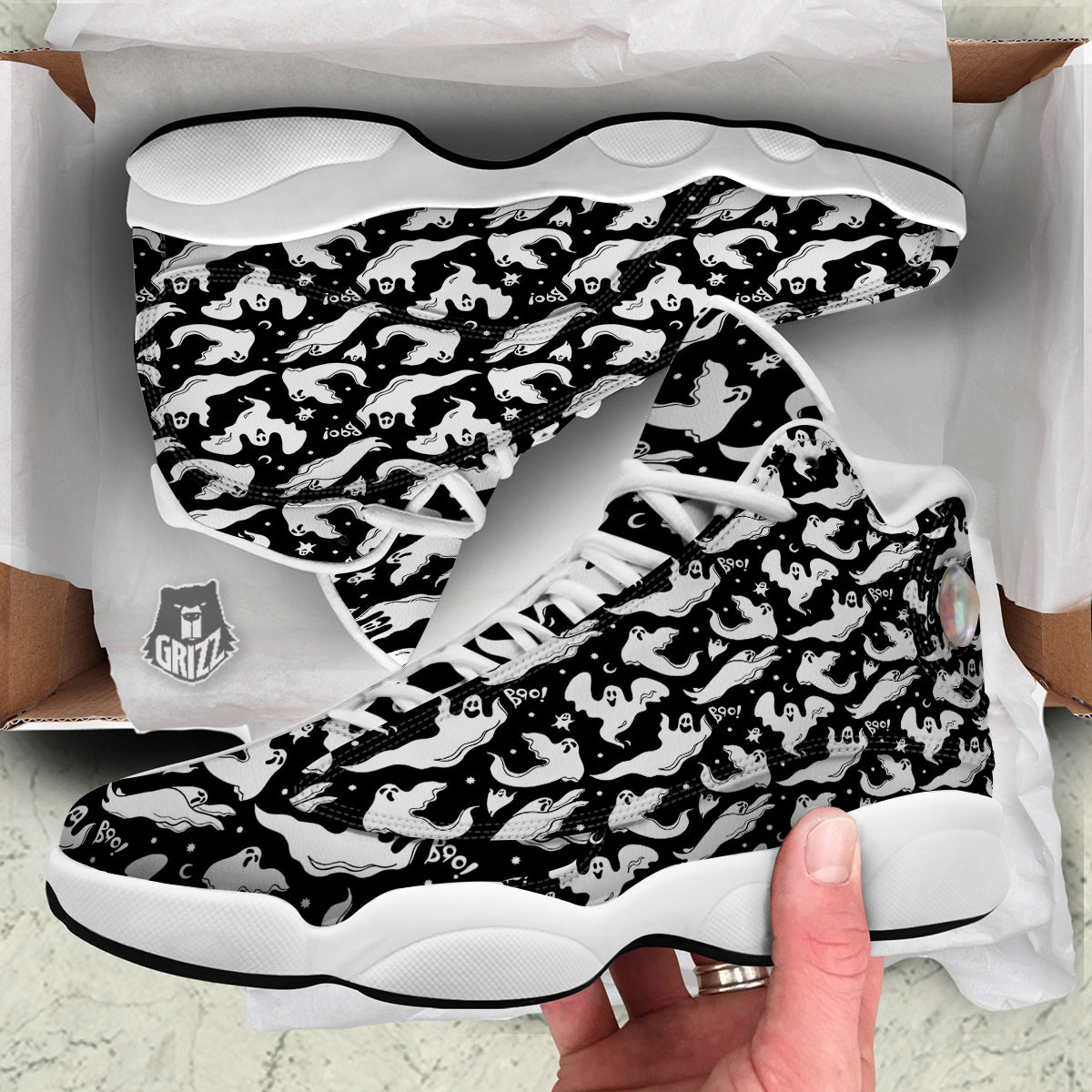 Boo Scary Ghost Print Pattern White Basketball Shoes-grizzshop
