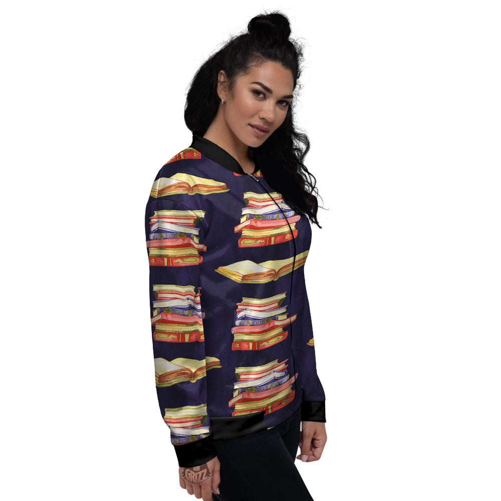 Bookshelf Watercolor Print Pattern Women's Bomber Jacket-grizzshop