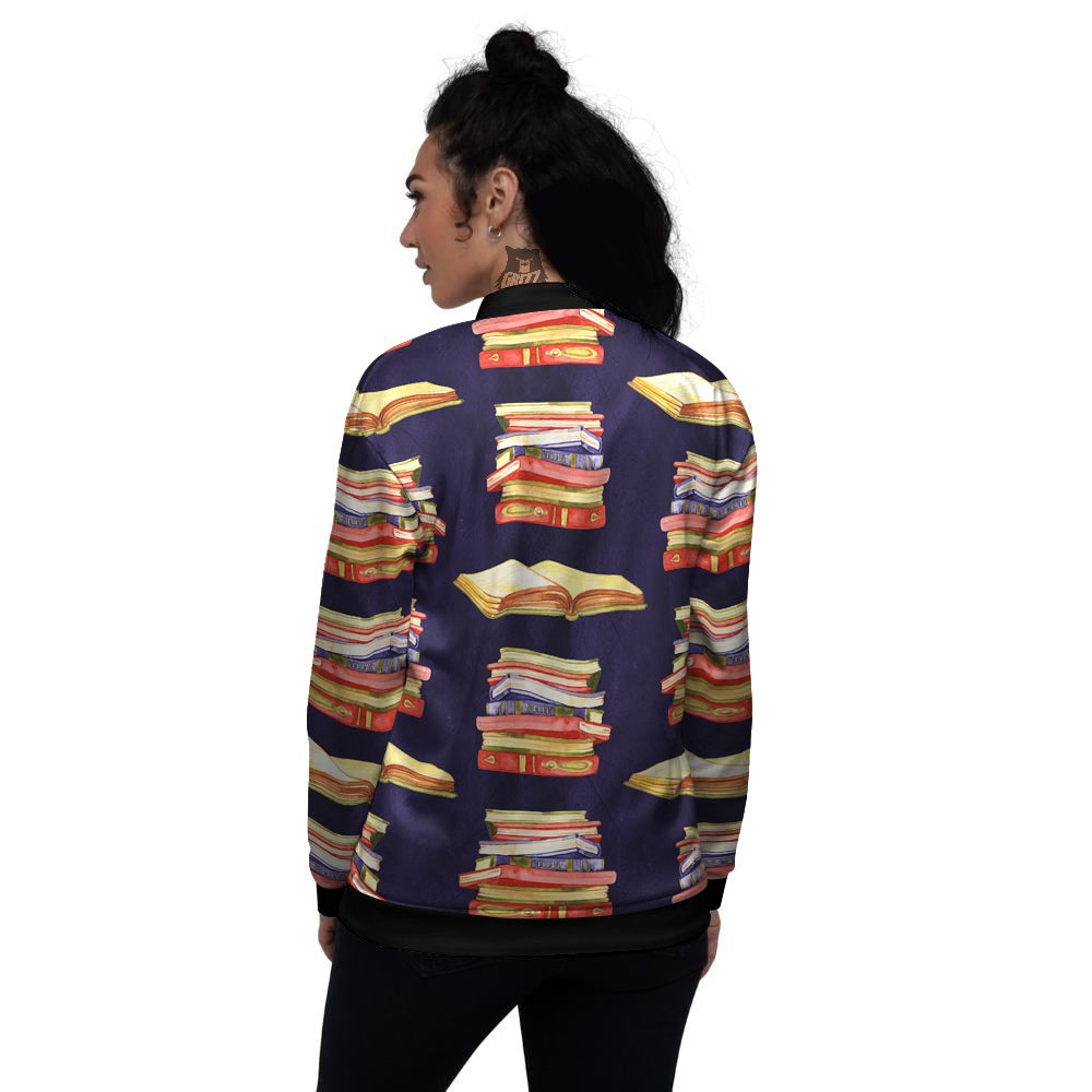 Bookshelf Watercolor Print Pattern Women's Bomber Jacket-grizzshop