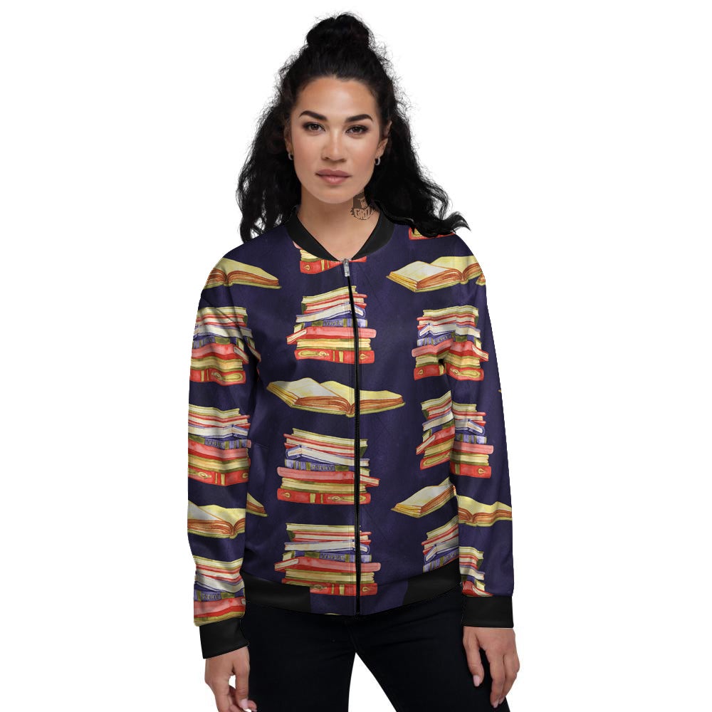 Bookshelf Watercolor Print Pattern Women's Bomber Jacket-grizzshop