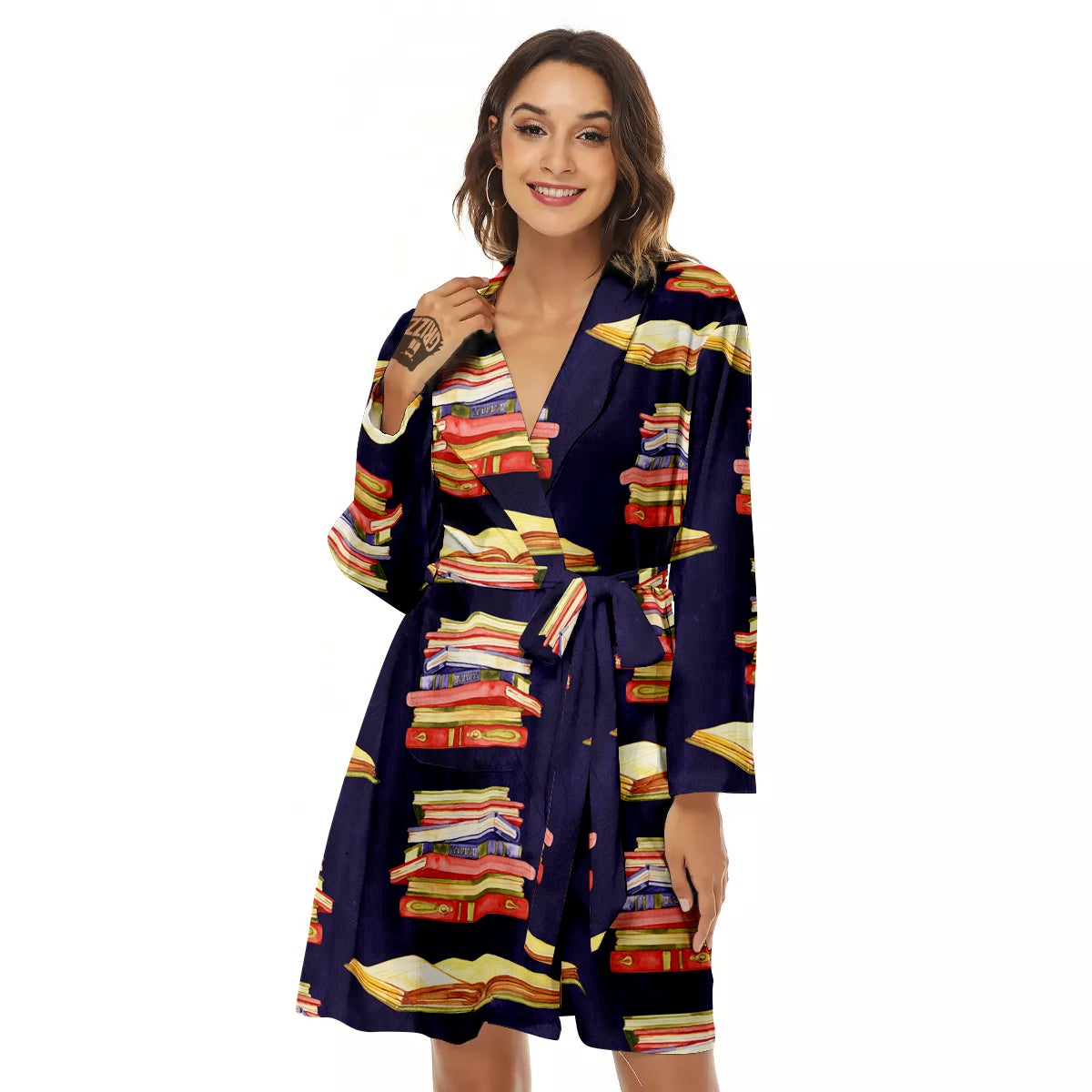 Bookshelf Watercolor Print Pattern Women's Robe-grizzshop