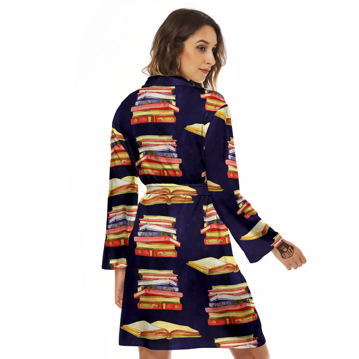 Bookshelf Watercolor Print Pattern Women's Robe-grizzshop