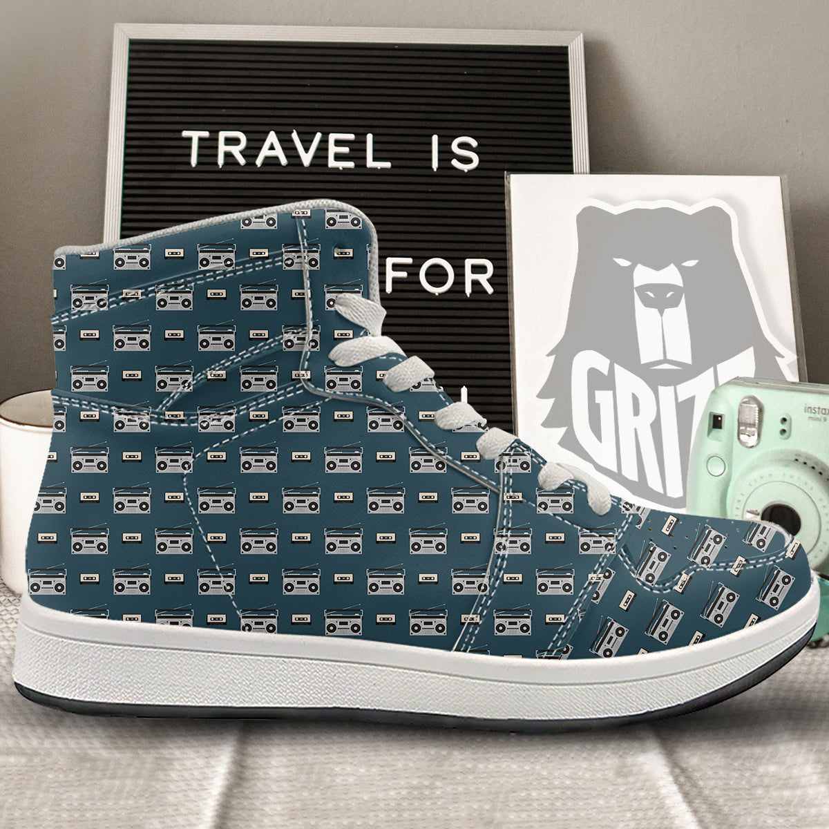 Boombox And Cassette Tape Print Pattern High Top Sneakers-grizzshop