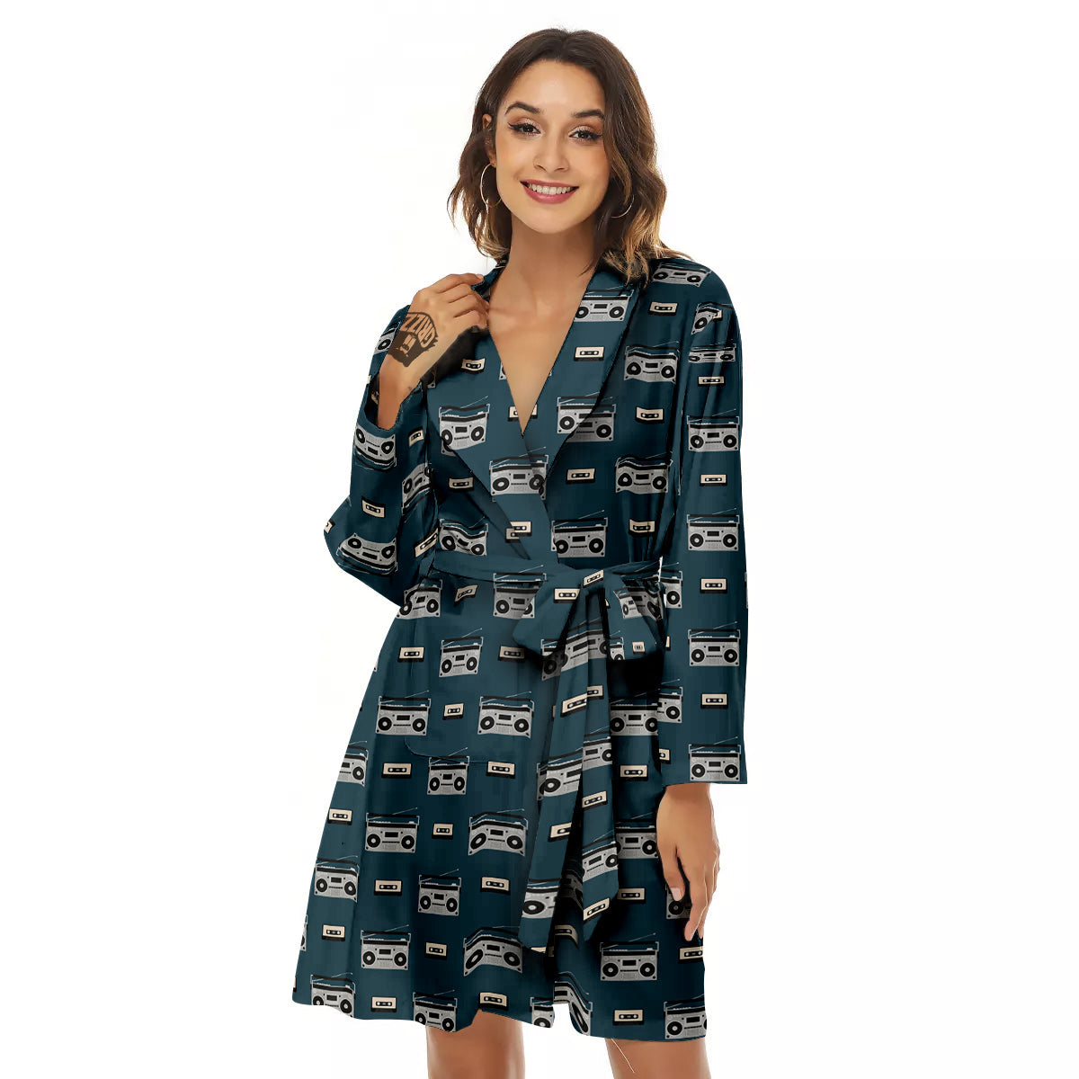 Boombox And Cassette Tape Print Pattern Women's Robe-grizzshop