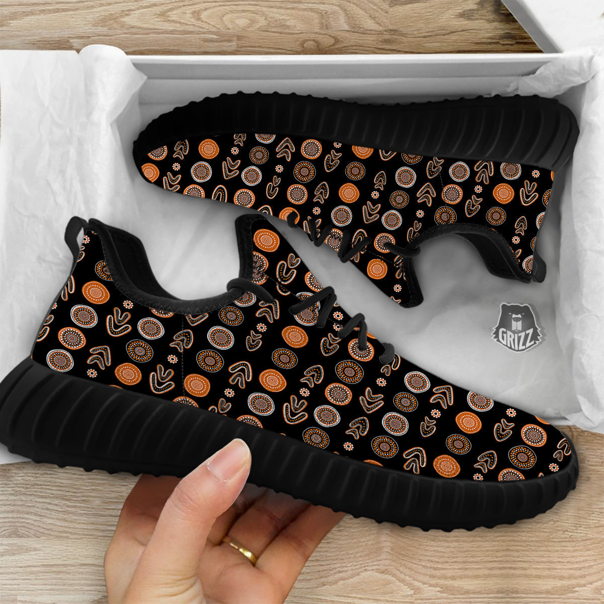 Boomerang Aboriginal Print Pattern Black Walking Shoes-grizzshop