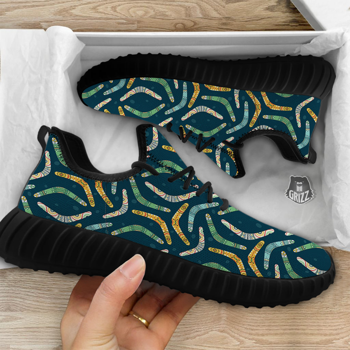 Boomerang Australian Print Pattern Black Walking Shoes-grizzshop