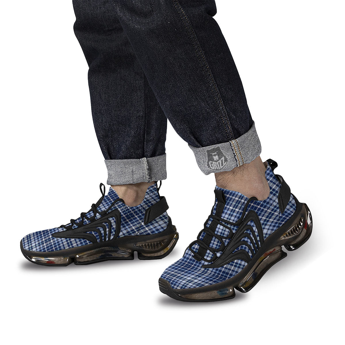 Border Tartan Blue Print Pattern Black Gym Shoes-grizzshop