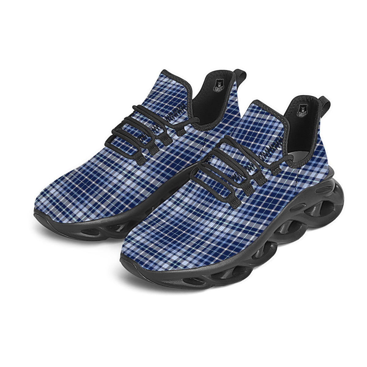 Border Tartan Blue Print Pattern Black Running Shoes-grizzshop