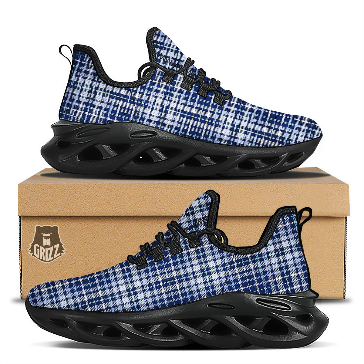 Border Tartan Blue Print Pattern Black Running Shoes-grizzshop