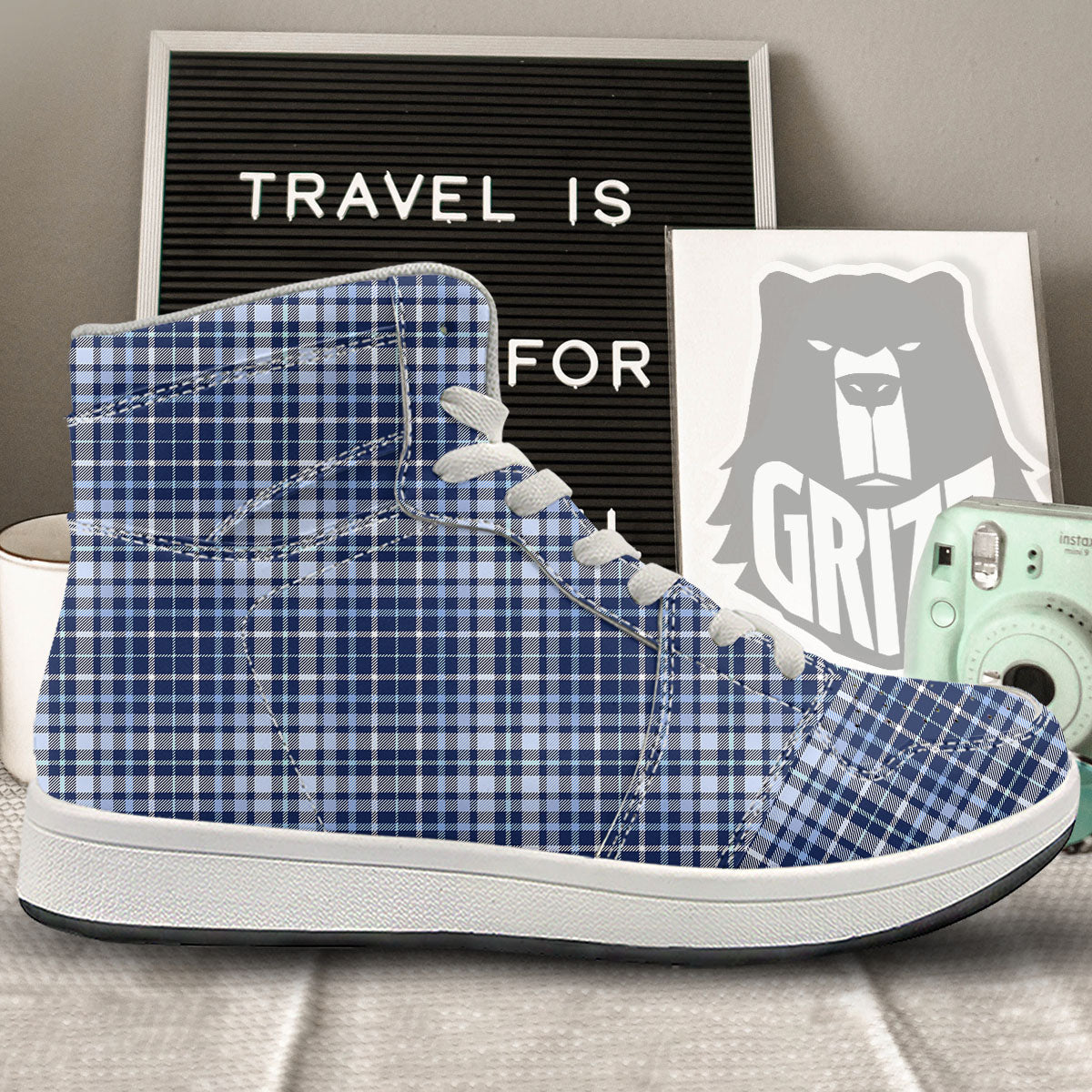 Border Tartan Blue Print Pattern High Top Sneakers-grizzshop
