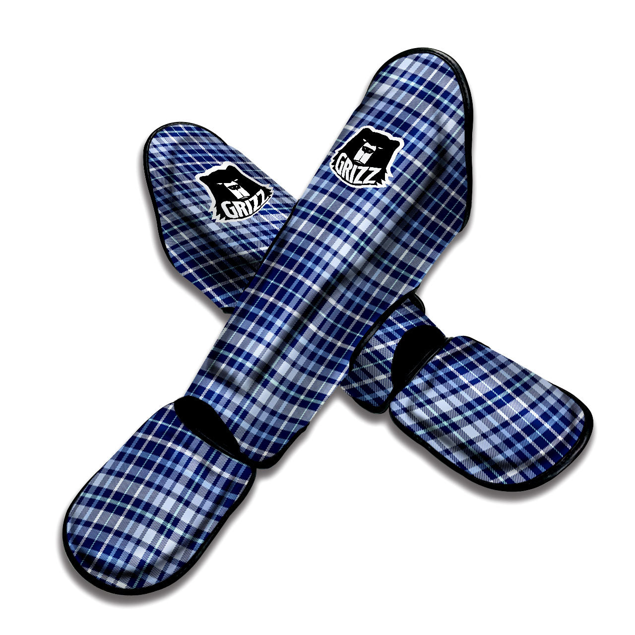 Border Tartan Blue Print Pattern Muay Thai Shin Guards-grizzshop