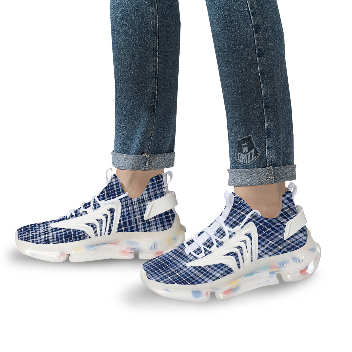 Border Tartan Blue Print Pattern White Gym Shoes-grizzshop