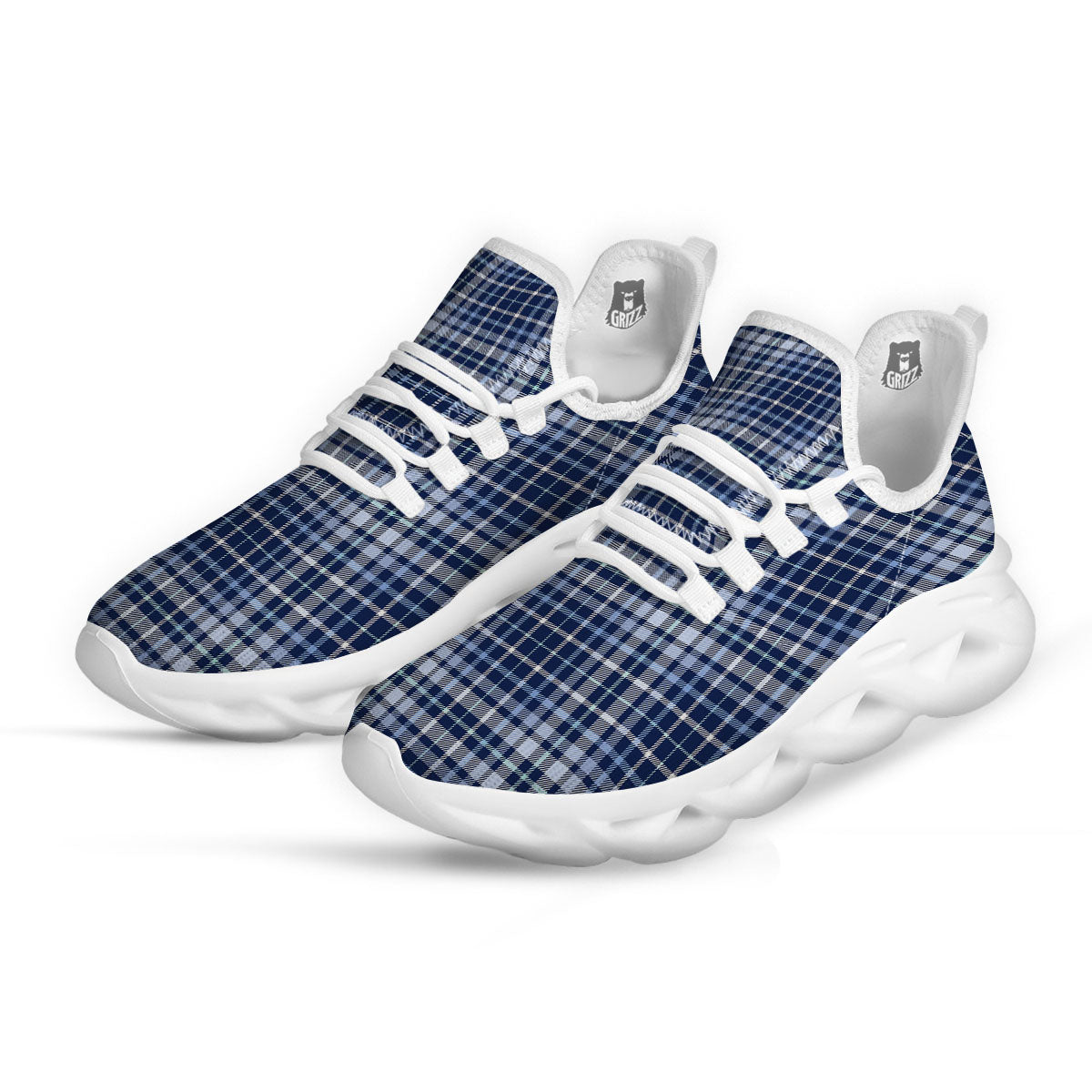 Border Tartan Blue Print Pattern White Running Shoes-grizzshop