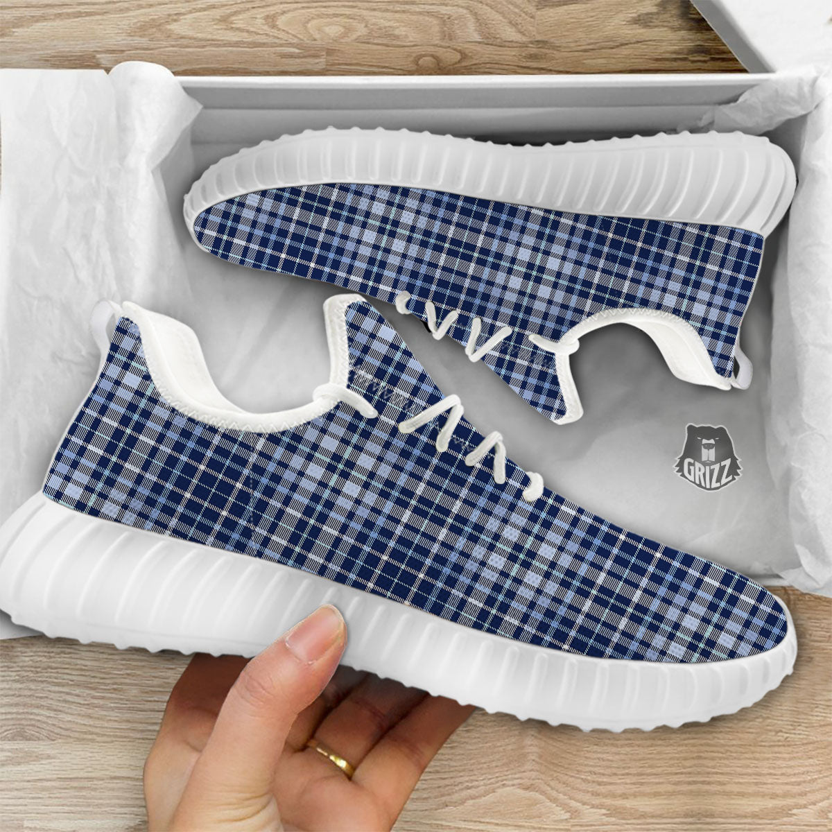 Border Tartan Blue Print Pattern White Walking Shoes-grizzshop