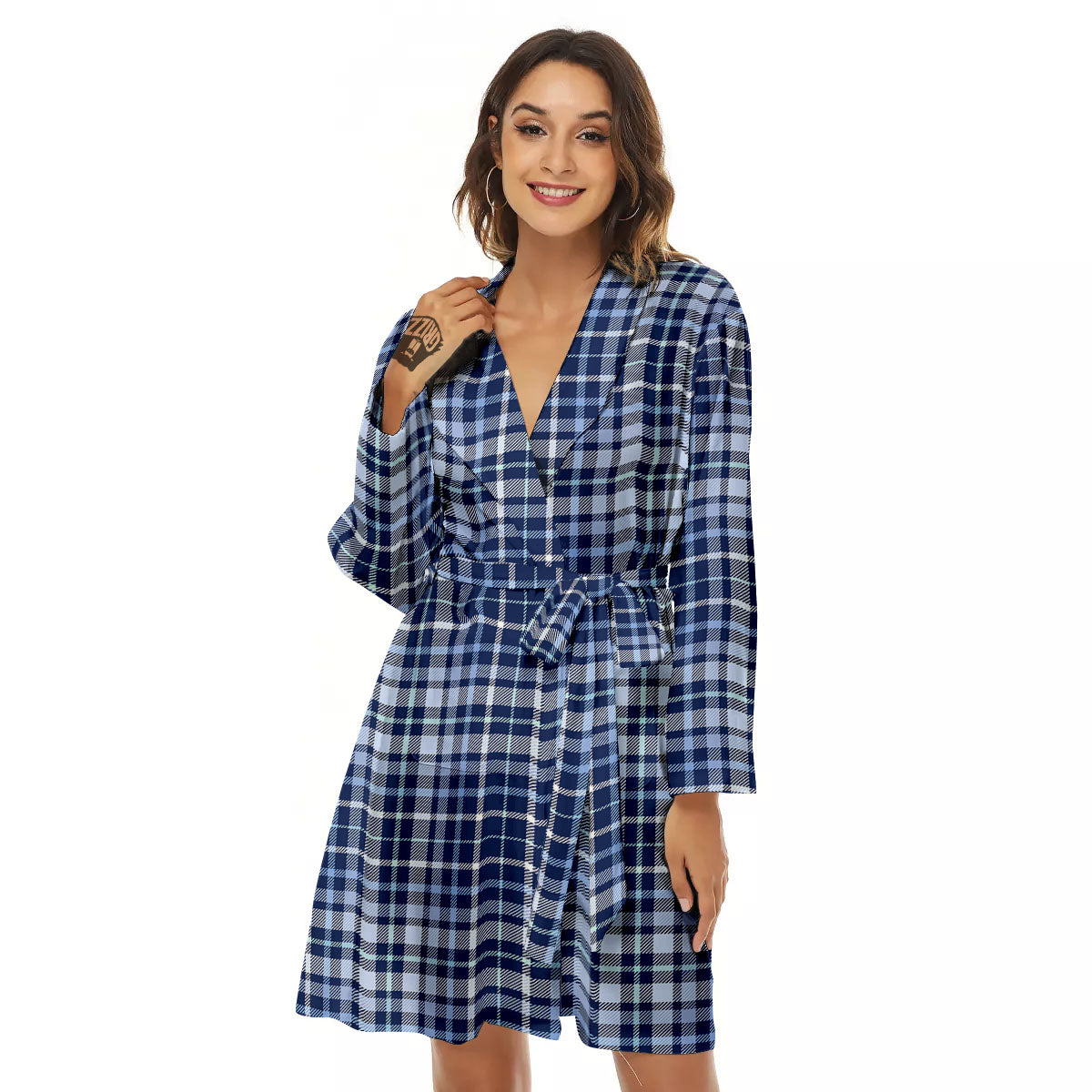 Border Tartan Blue Print Pattern Women's Robe-grizzshop