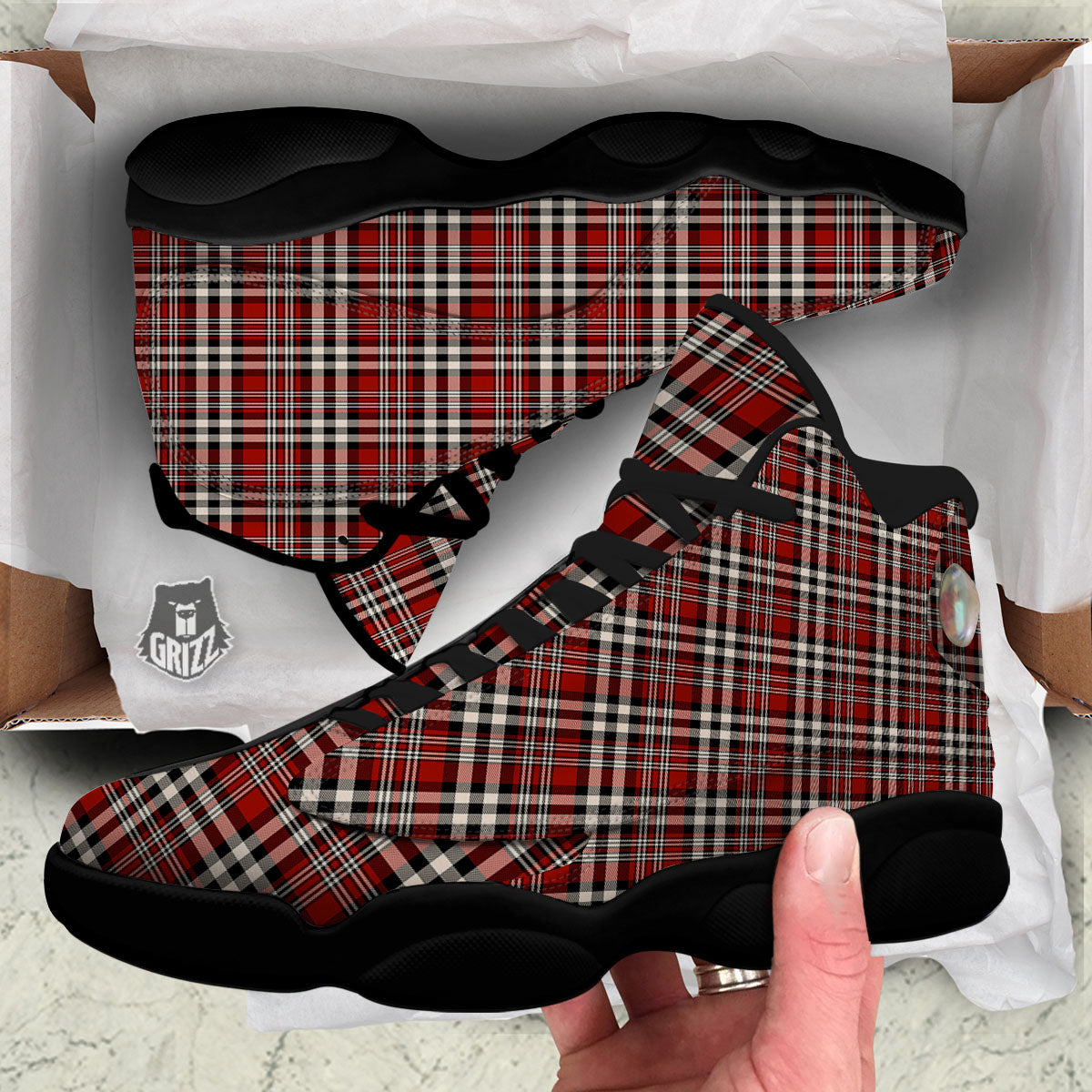Border Tartan Red Black And White Print Pattern Black Basketball Shoes-grizzshop