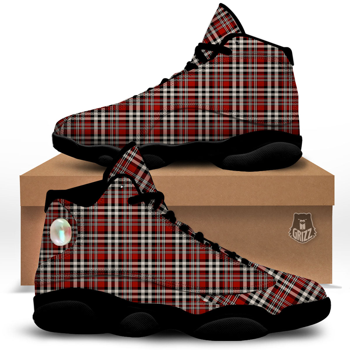 Border Tartan Red Black And White Print Pattern Black Basketball Shoes-grizzshop