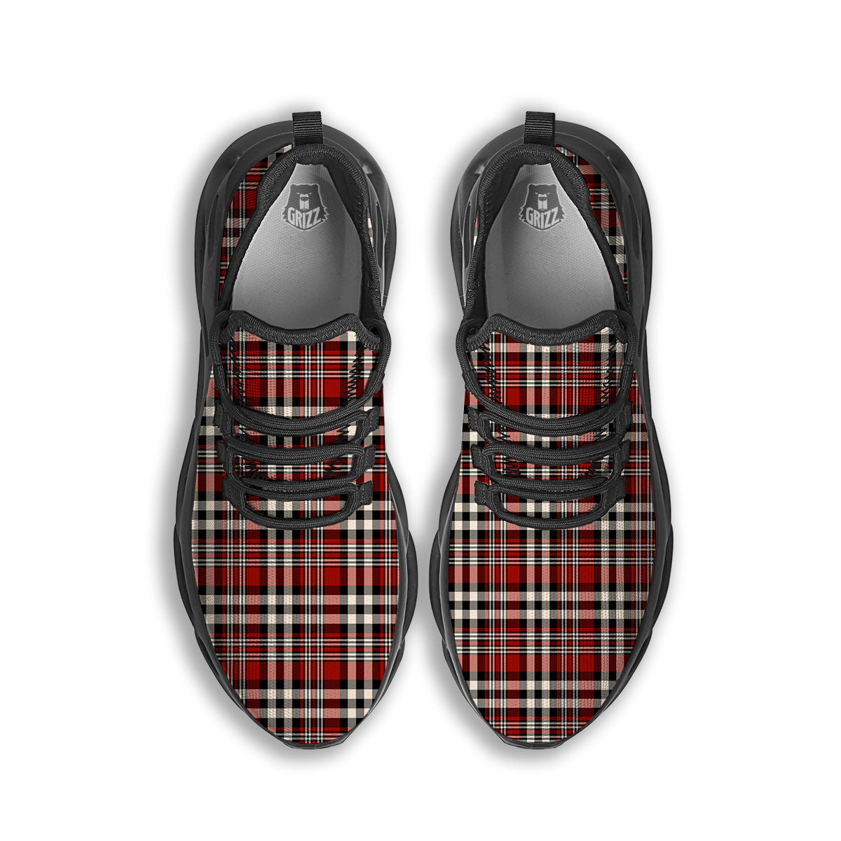 Border Tartan Red Black And White Print Pattern Black Running Shoes-grizzshop