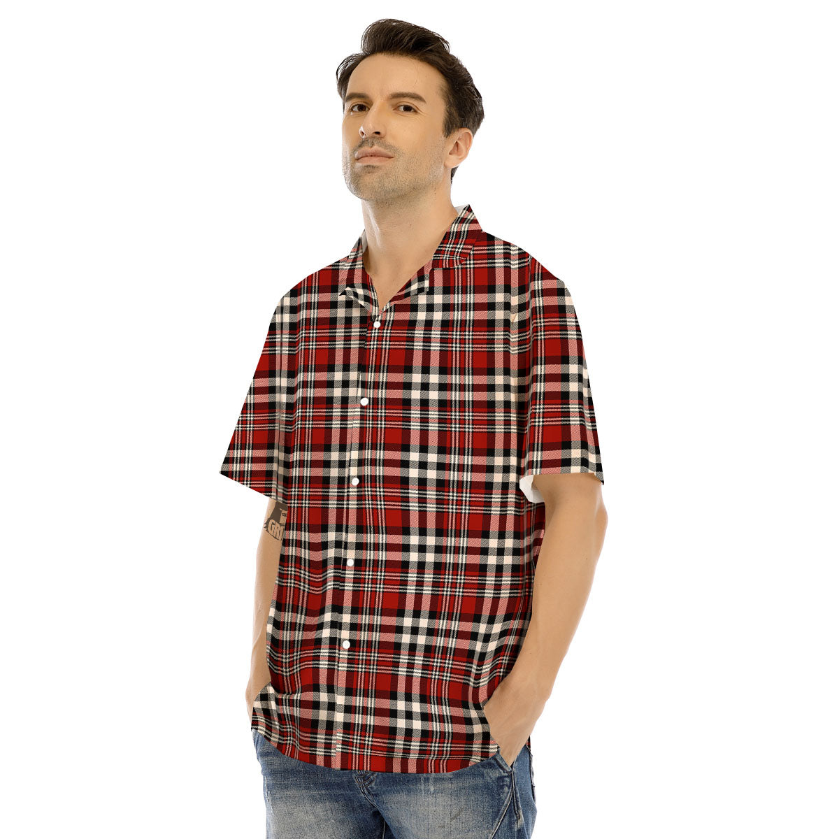 Border Tartan Red Black And White Print Pattern Men's Hawaiian Shirt-grizzshop
