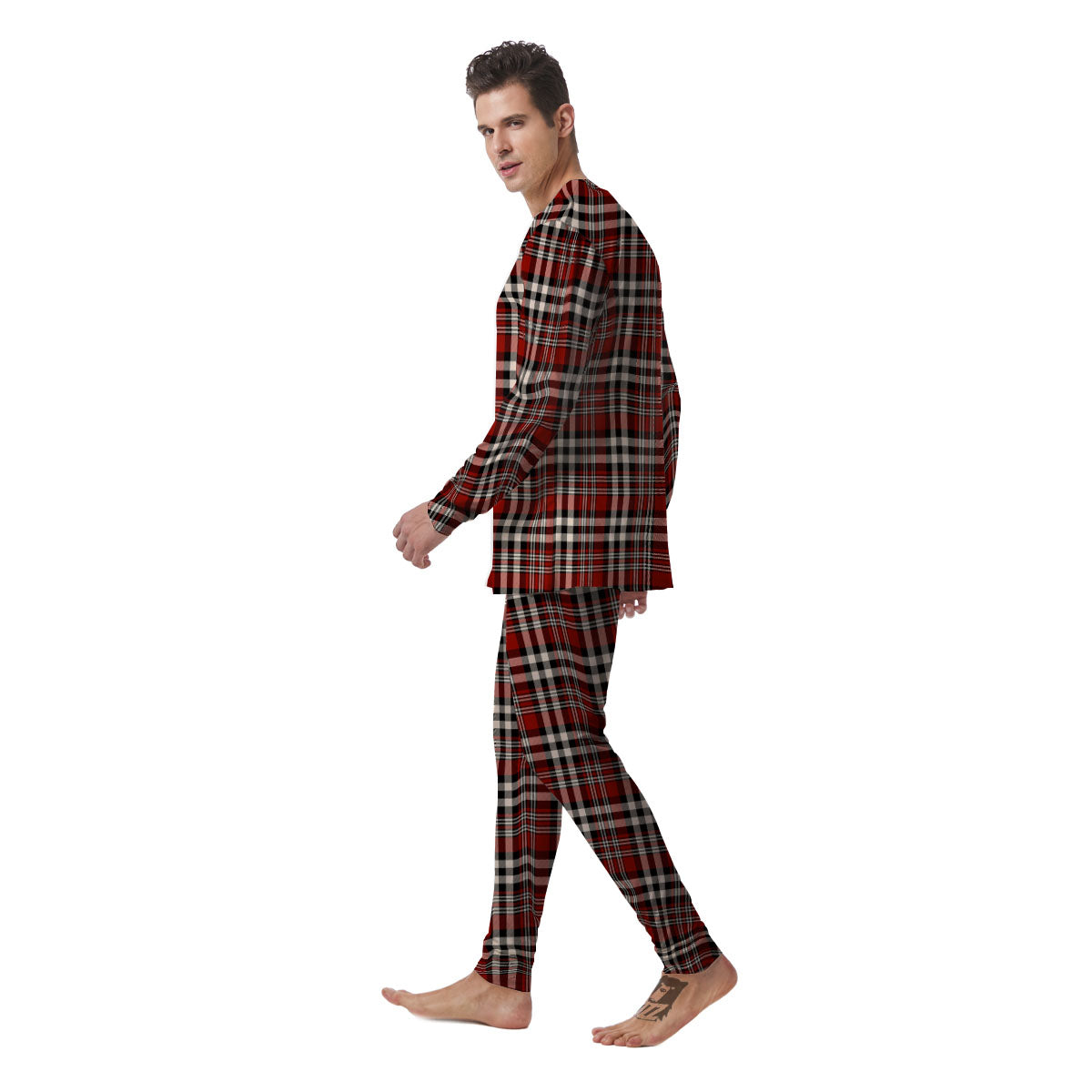 Border Tartan Red Black And White Print Pattern Men's Pajamas-grizzshop