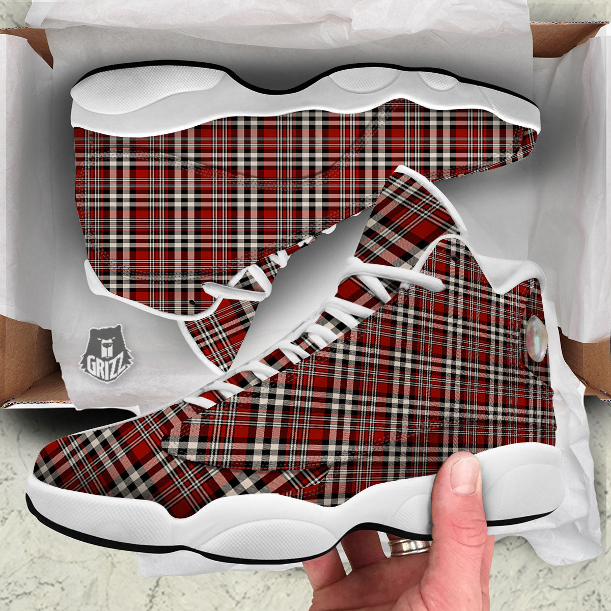Border Tartan Red Black And White Print Pattern White Basketball Shoes-grizzshop