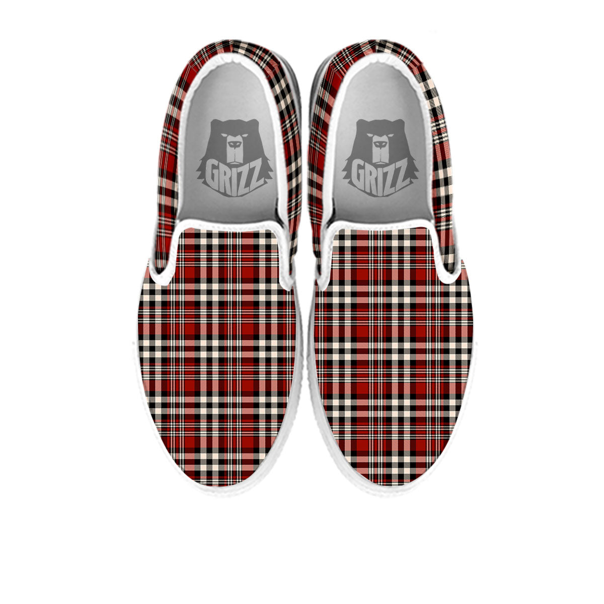 Border Tartan Red Black And White Print Pattern White Slip On Shoes-grizzshop