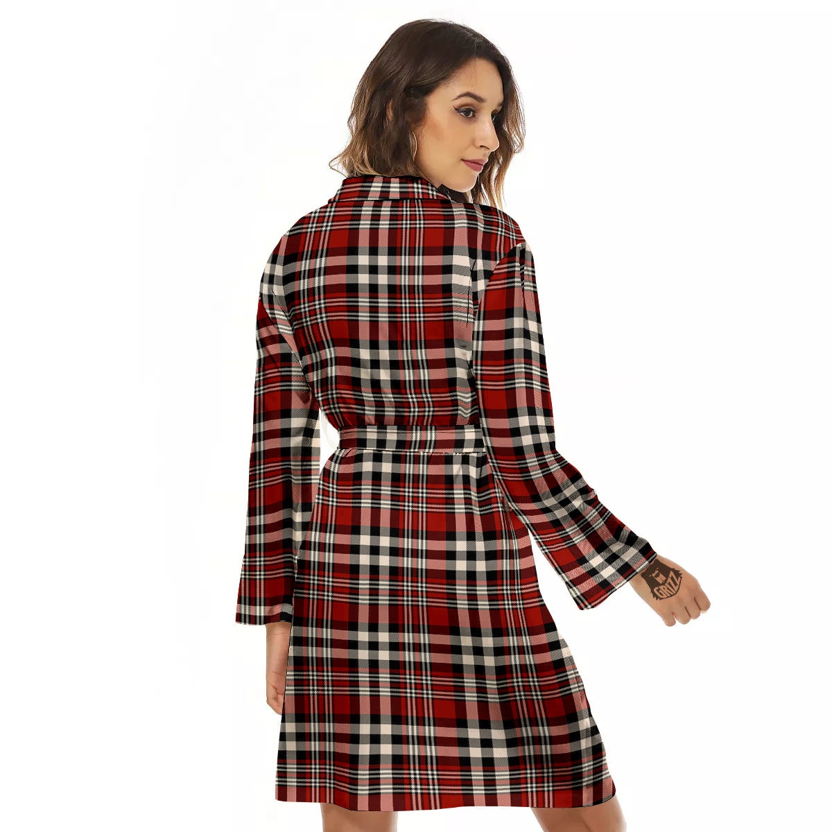 Border Tartan Red Black And White Print Pattern Women's Robe-grizzshop
