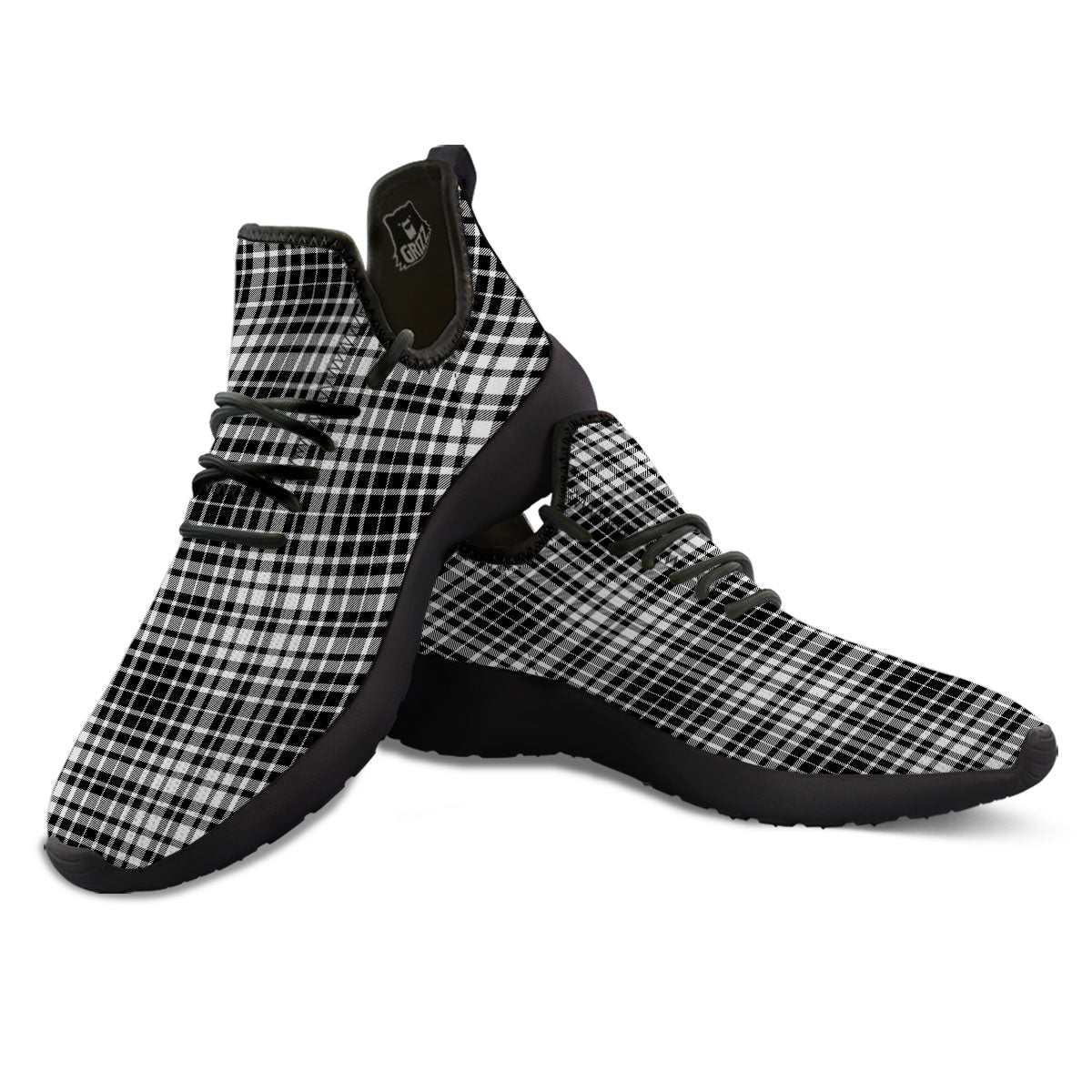 Border Tartan White And Black Print Black Athletic Shoes-grizzshop