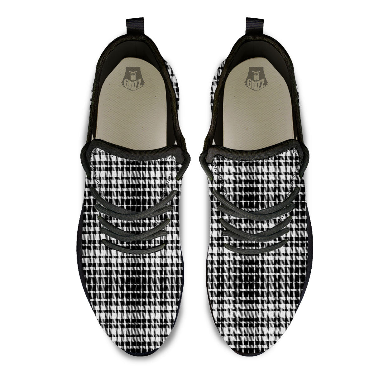 Border Tartan White And Black Print Black Athletic Shoes-grizzshop