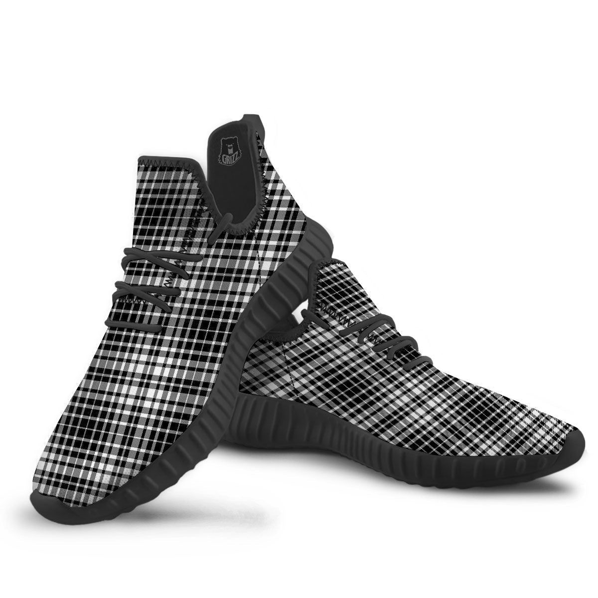 Border Tartan White And Black Print Black Walking Shoes-grizzshop