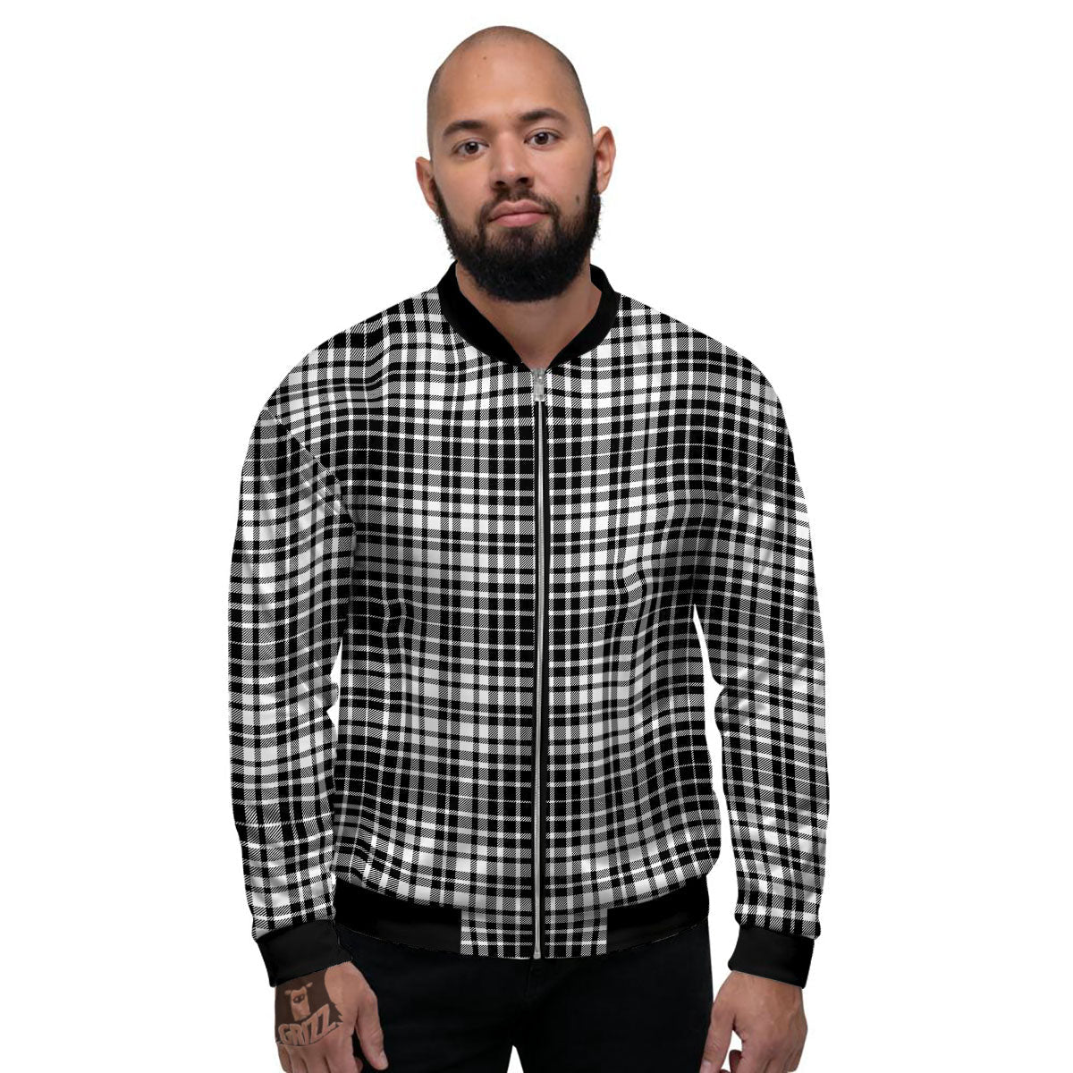 Border Tartan White And Black Print Men's Bomber Jacket-grizzshop