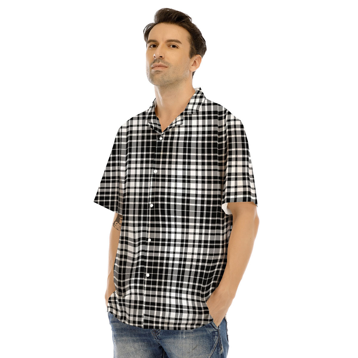 Border Tartan White And Black Print Men's Hawaiian Shirt-grizzshop