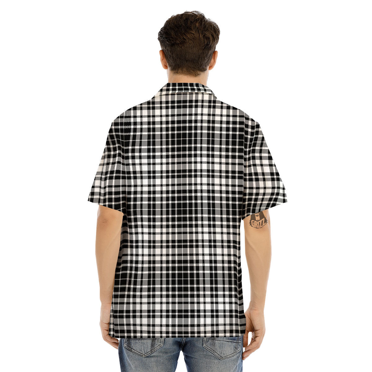 Border Tartan White And Black Print Men's Hawaiian Shirt-grizzshop