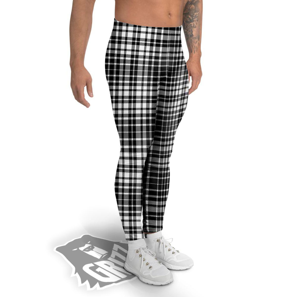 Border Tartan White And Black Print Men's Leggings-grizzshop