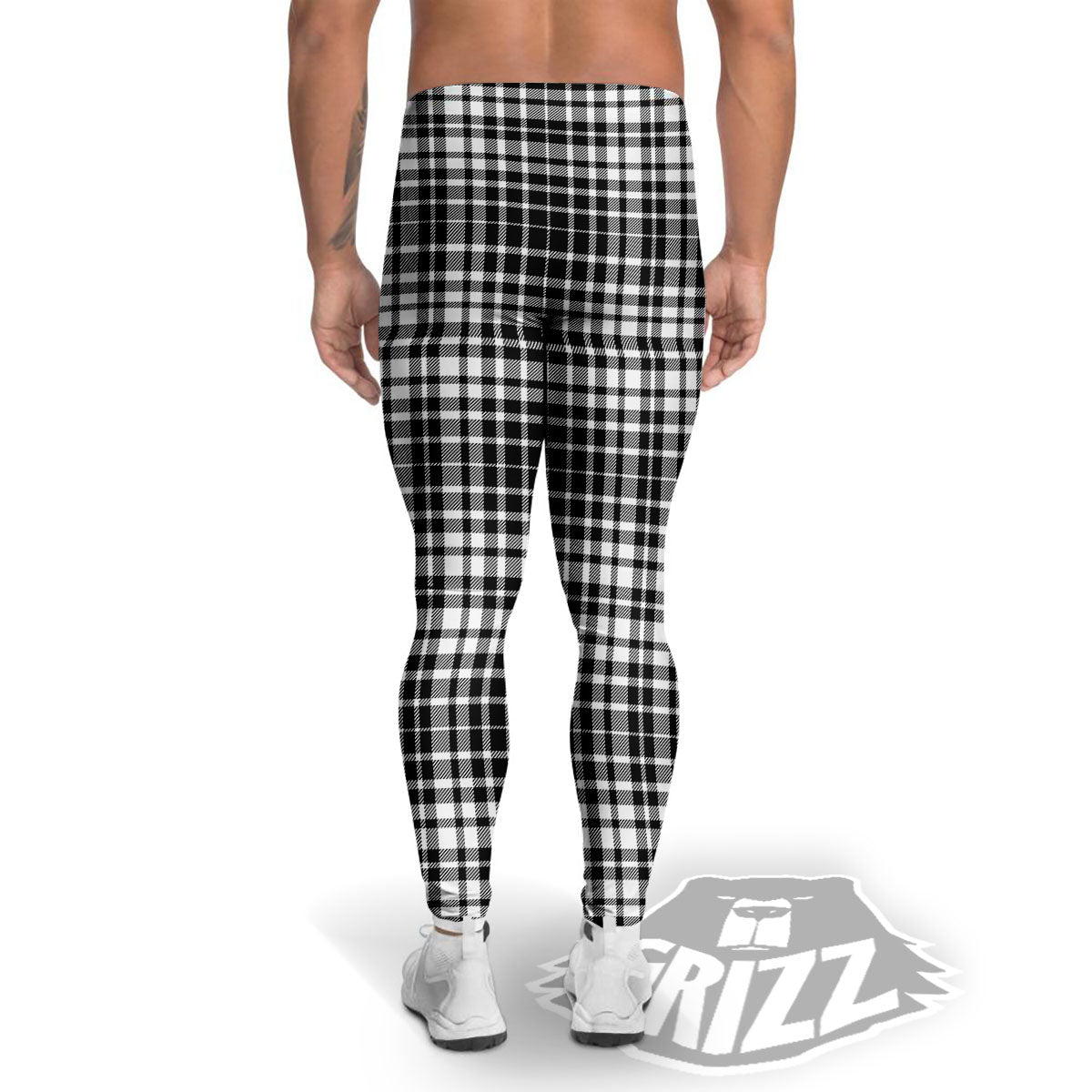 Border Tartan White And Black Print Men's Leggings-grizzshop