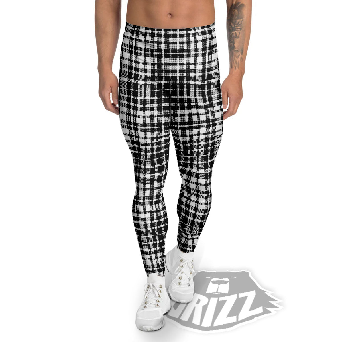 Border Tartan White And Black Print Men's Leggings-grizzshop