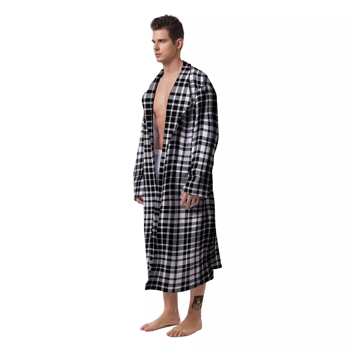 Border Tartan White And Black Print Men's Robe-grizzshop