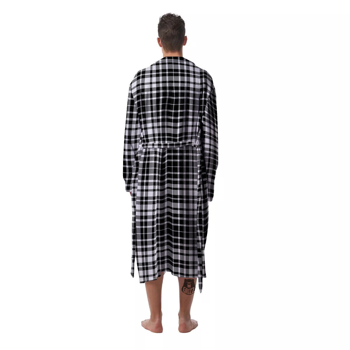 Border Tartan White And Black Print Men's Robe-grizzshop